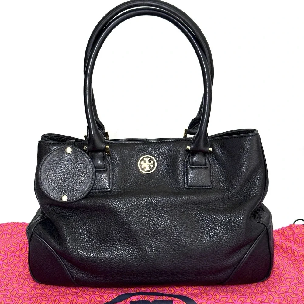 Tory Burch Robinson Triple Compartment Black Pebbled‎ Leather Tote Shoulder Bag